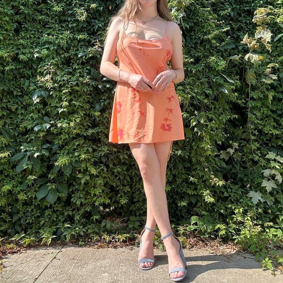 Orange and pink floral mini slip dress with lace up side and low back - Picture 5 of 8